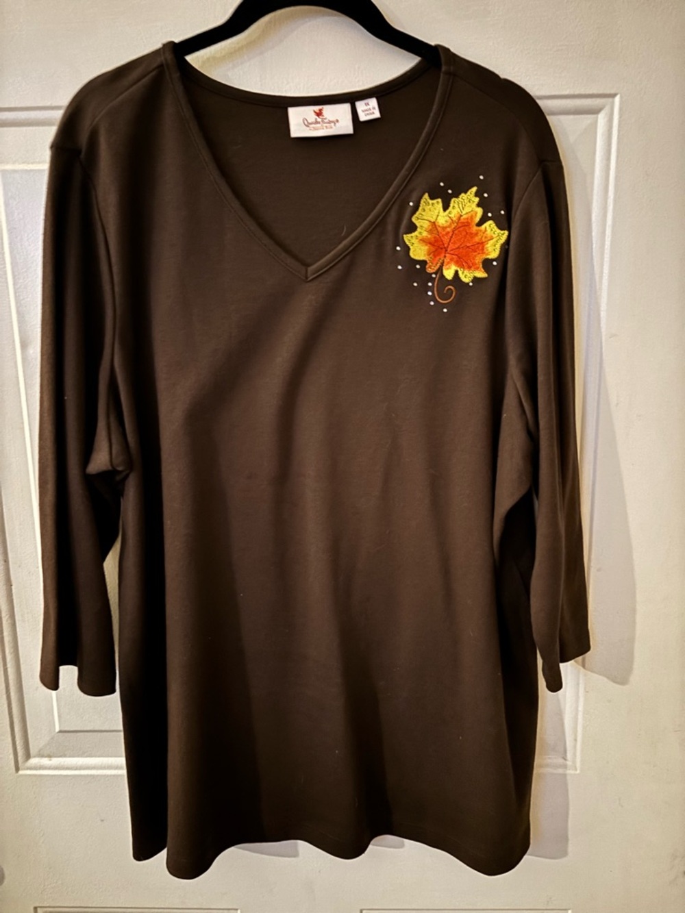 Quacker Factory Brown V-Neck Top with Yellow and Orange Embroidered Leaf